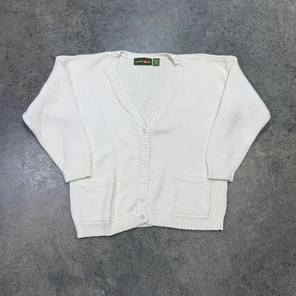 Vintage 90s Outback Red Cardigan Women M White Knit Button Up Cotton Pocket